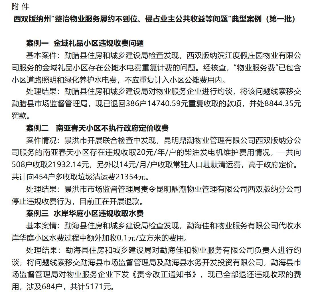 西双版纳通报：“整治物业服务履约不到位、侵占业主公共收益等问题”典型案例！
这是