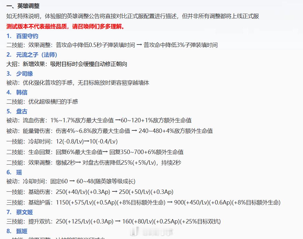 体验服更新：瑶、蔡文姬、甄姬等好多英雄又调整了，露娜被动新增效果，加了一个远程攻