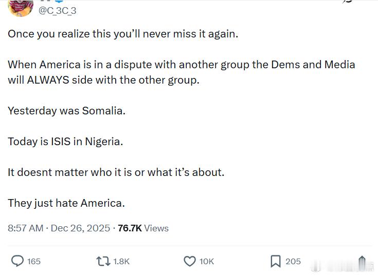 “每当美国与某个国家或群体发生争端时，民左党和媒体总是会站在对方那一边。昨天是索