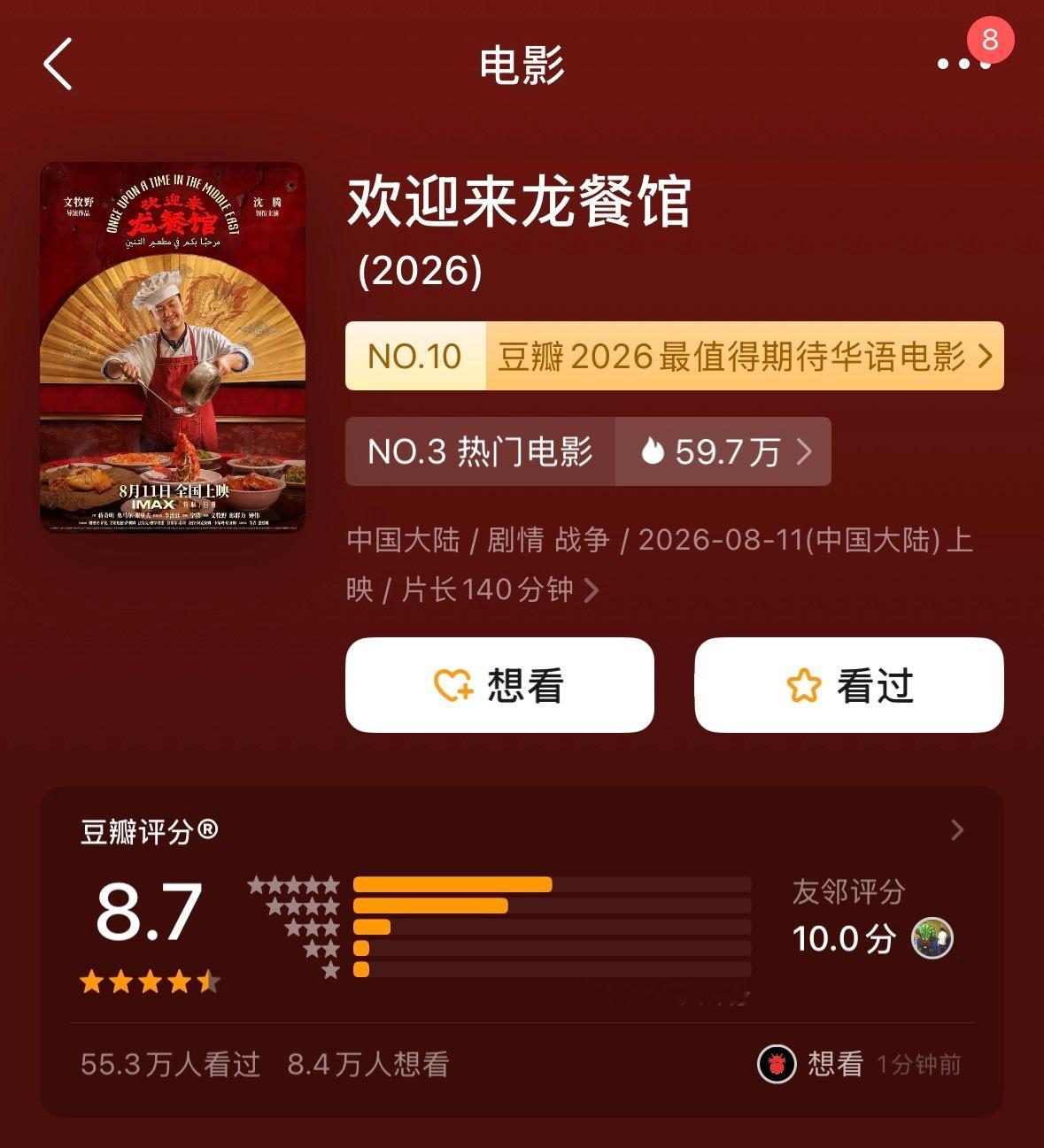 电影《欢迎来龙餐馆》豆瓣上涨到8.7，我觉得这是沈腾人生中第二重要的电影，仅次于