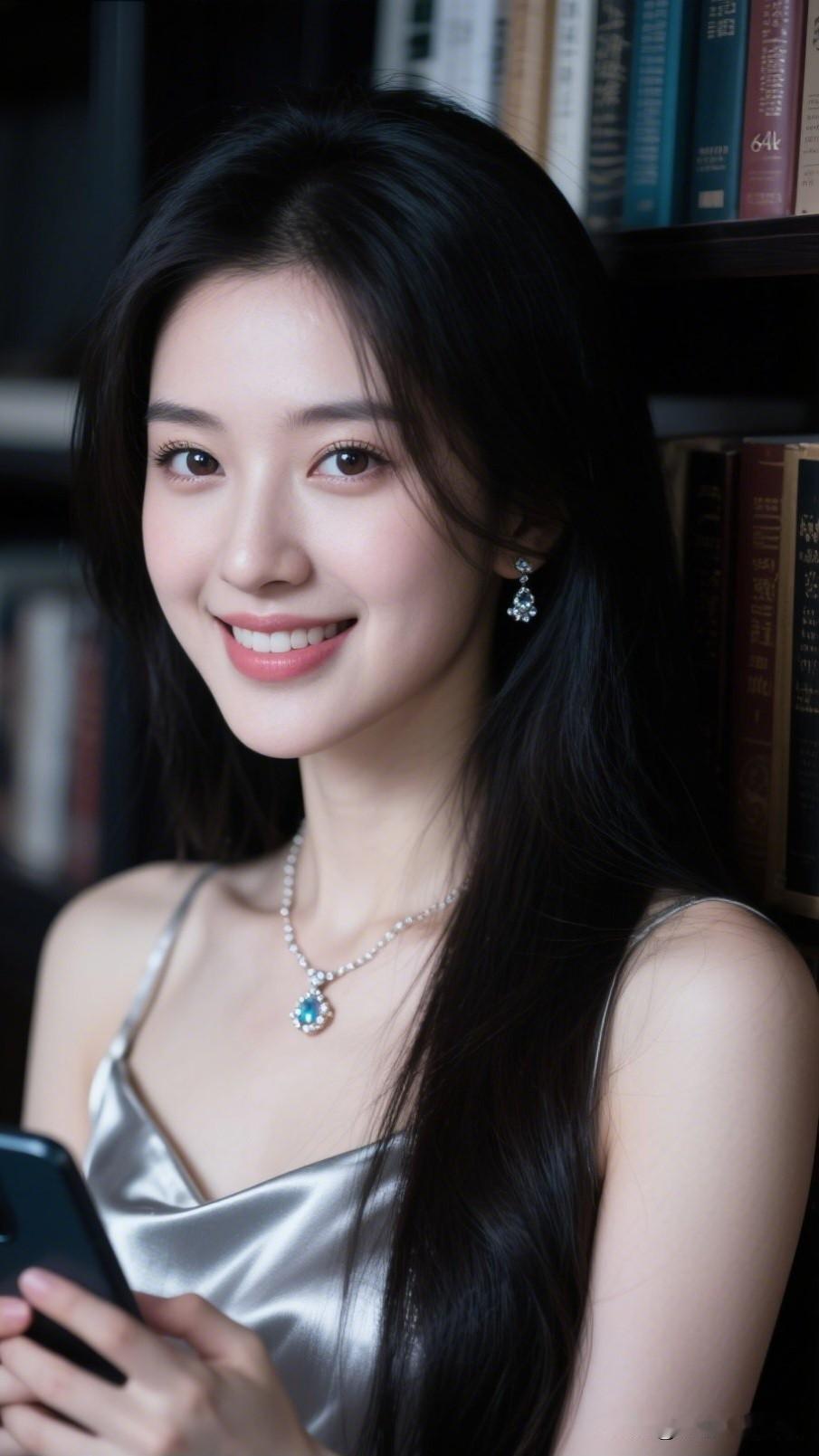 书香满怀，笑语盈盈。分享你近期最爱的照片了 书香气息中的甜美笑容，手机轻握，书海
