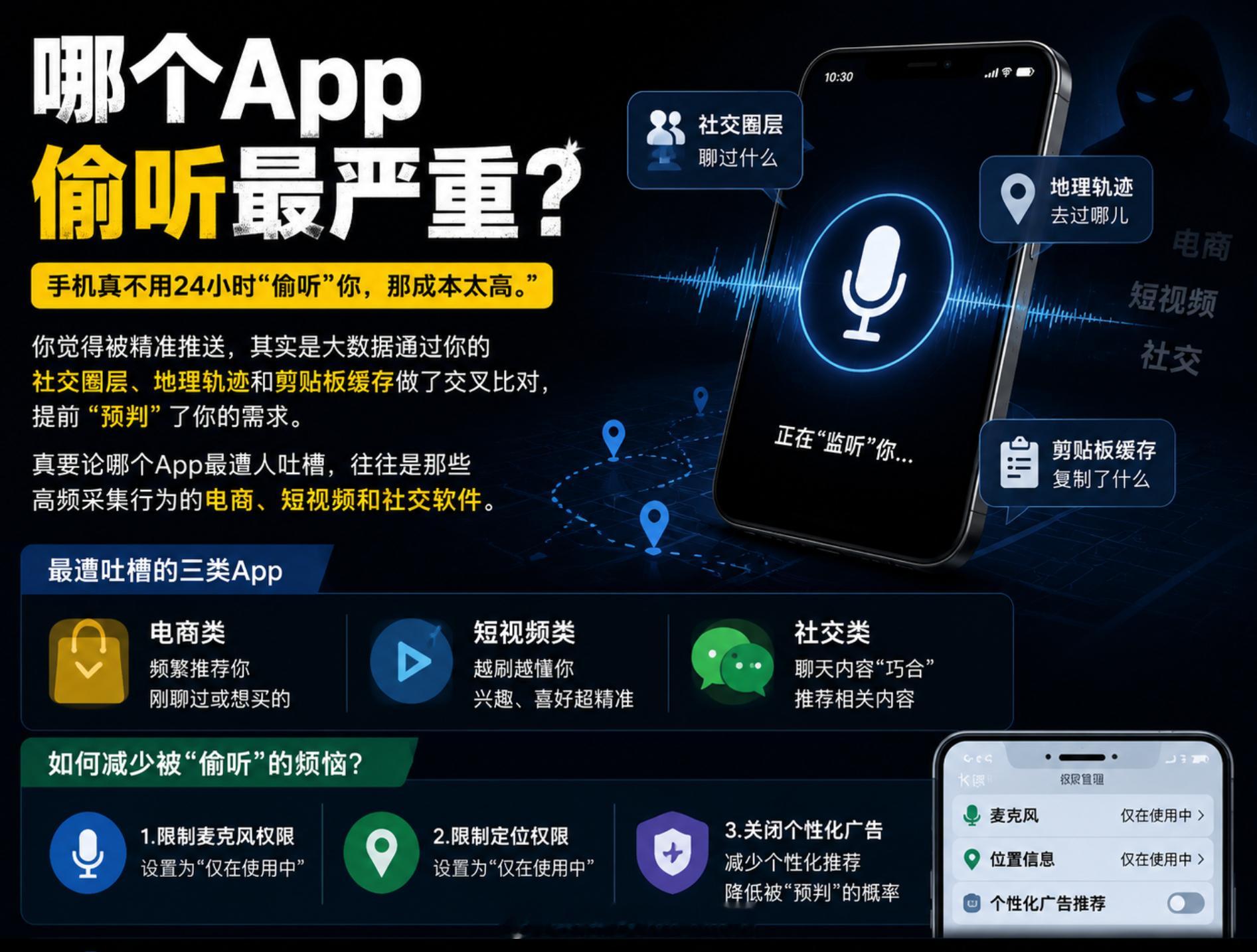 哪个App偷听最严重手机真不用24小时“偷听”你，那成本太高。你觉得被精准推送，