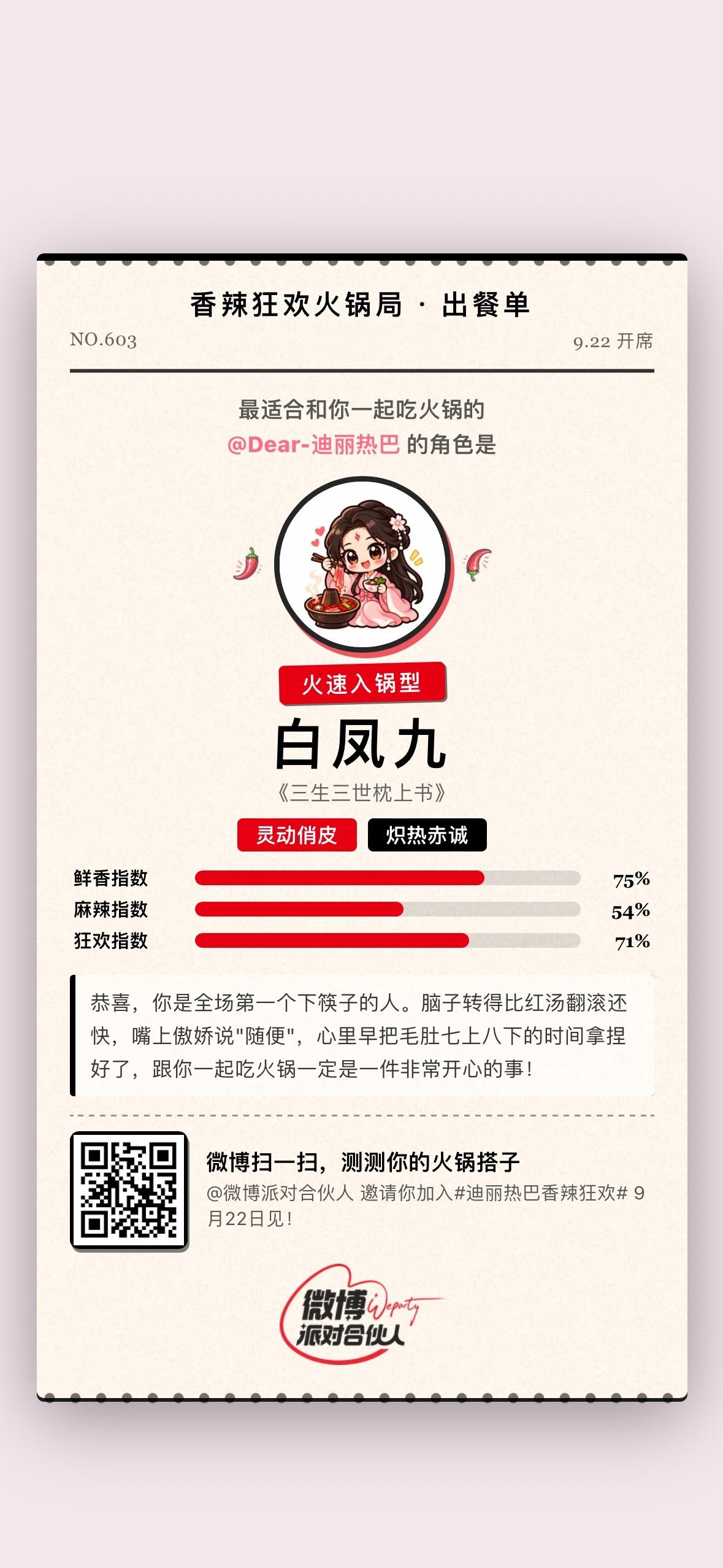我在 香辣狂欢火锅点单 小测试中测出我和的「白凤九」最能吃到一起！我们都是火速入