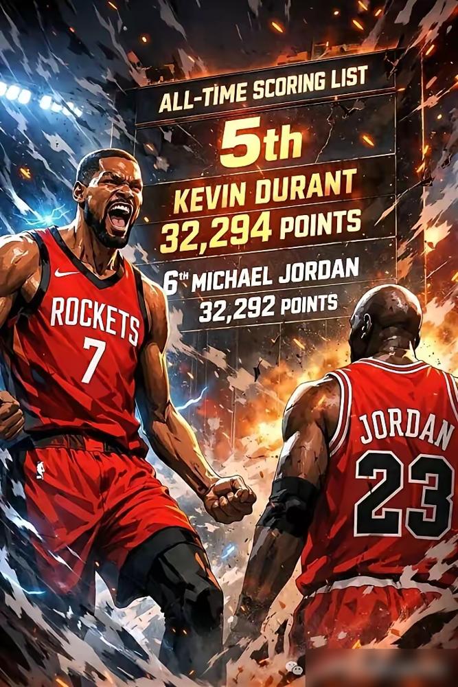 昨天杜兰特在火箭主场砍27分，生涯总得分超了乔丹，升到历史得分榜第五。
 
他用