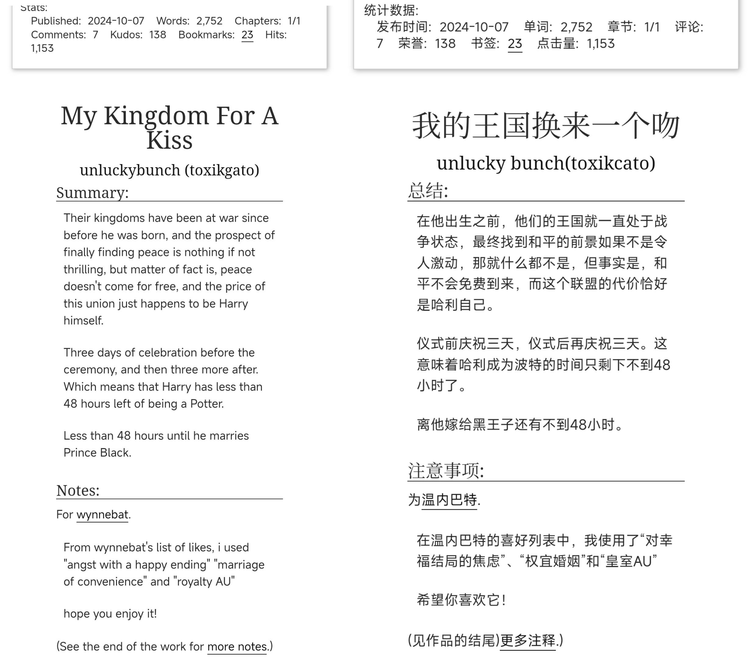 小天狼星/哈利同人文记录①My Kingdom For A Kissunluck