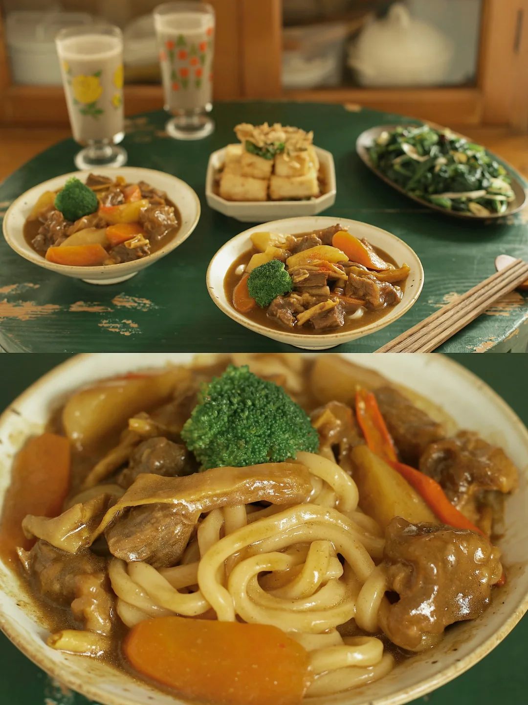 酱汁浓厚的辣咖喱牛肉捞乌冬面。