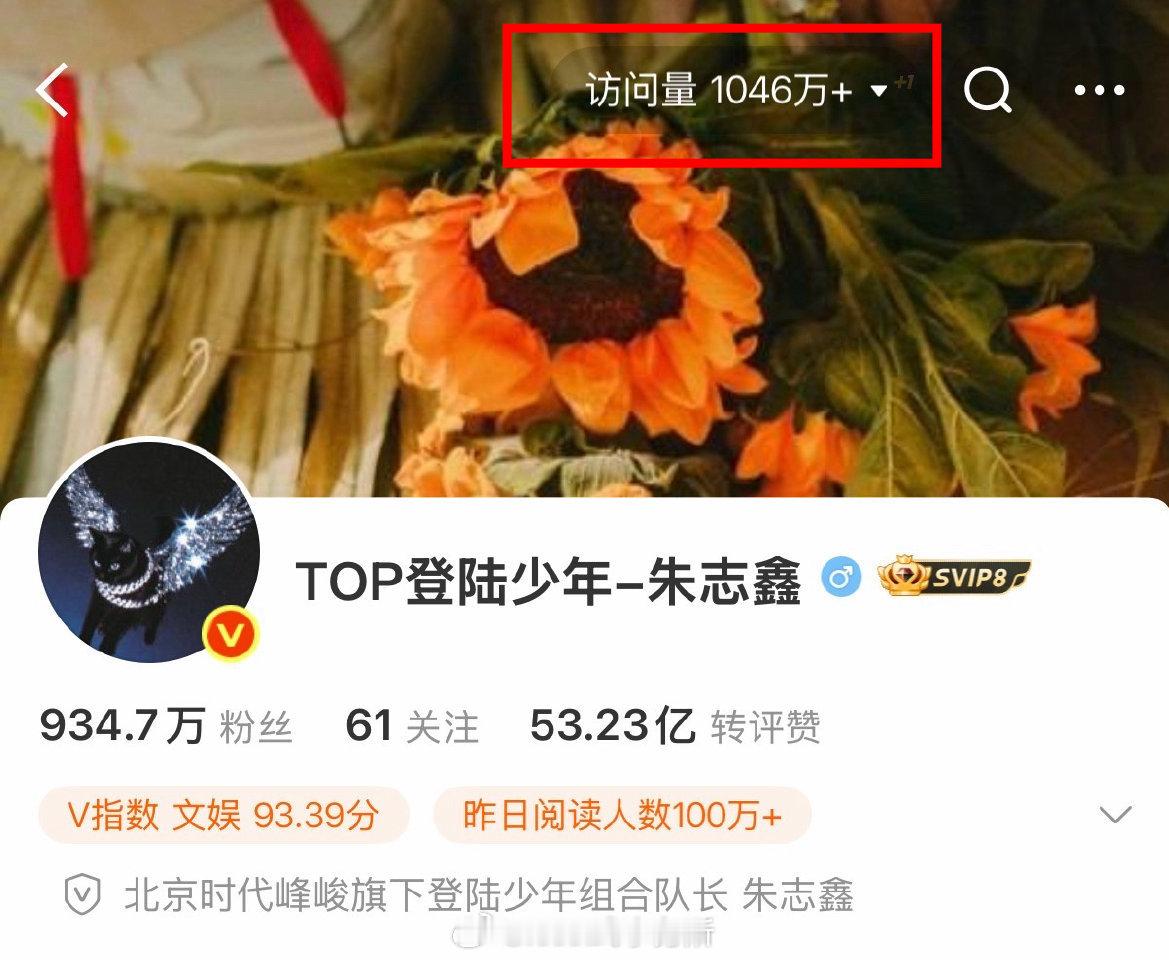 朱志鑫主页访问量又破一千万了，楼外楼内第一个主页访问量破了两次一千万的艺人。 