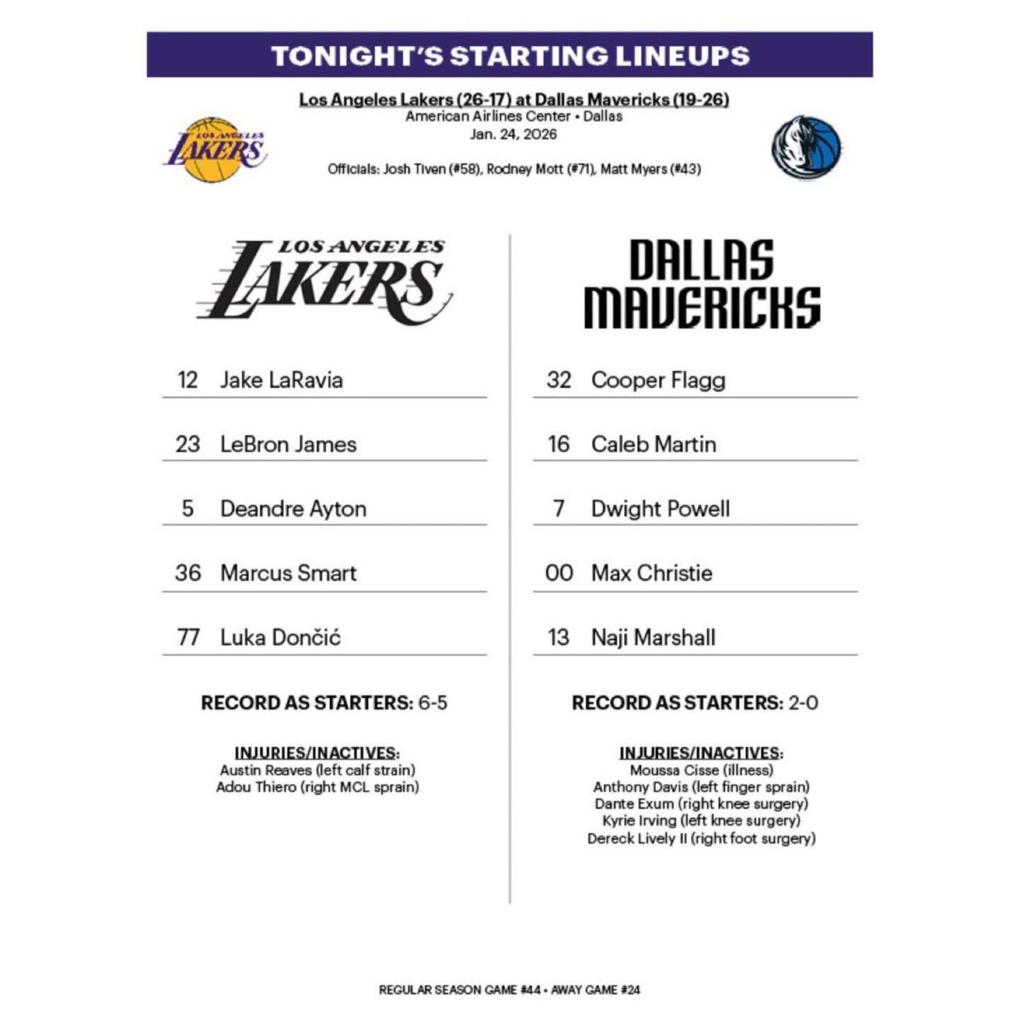 今日首发：东契奇、斯玛特、拉拉维亚、老詹、艾顿！湖人vs独行侠