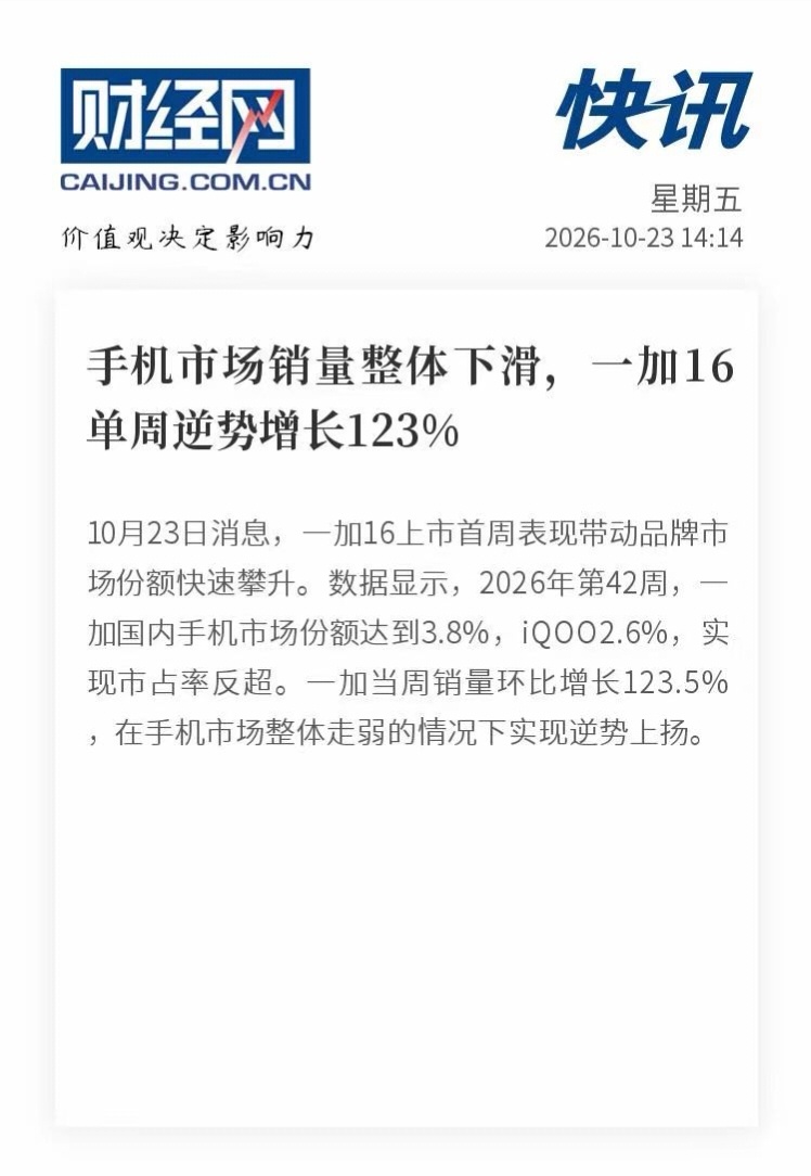 数据说话，一加16这一波开局不错：上市首周，一加整体销量环比增长 123.5%，