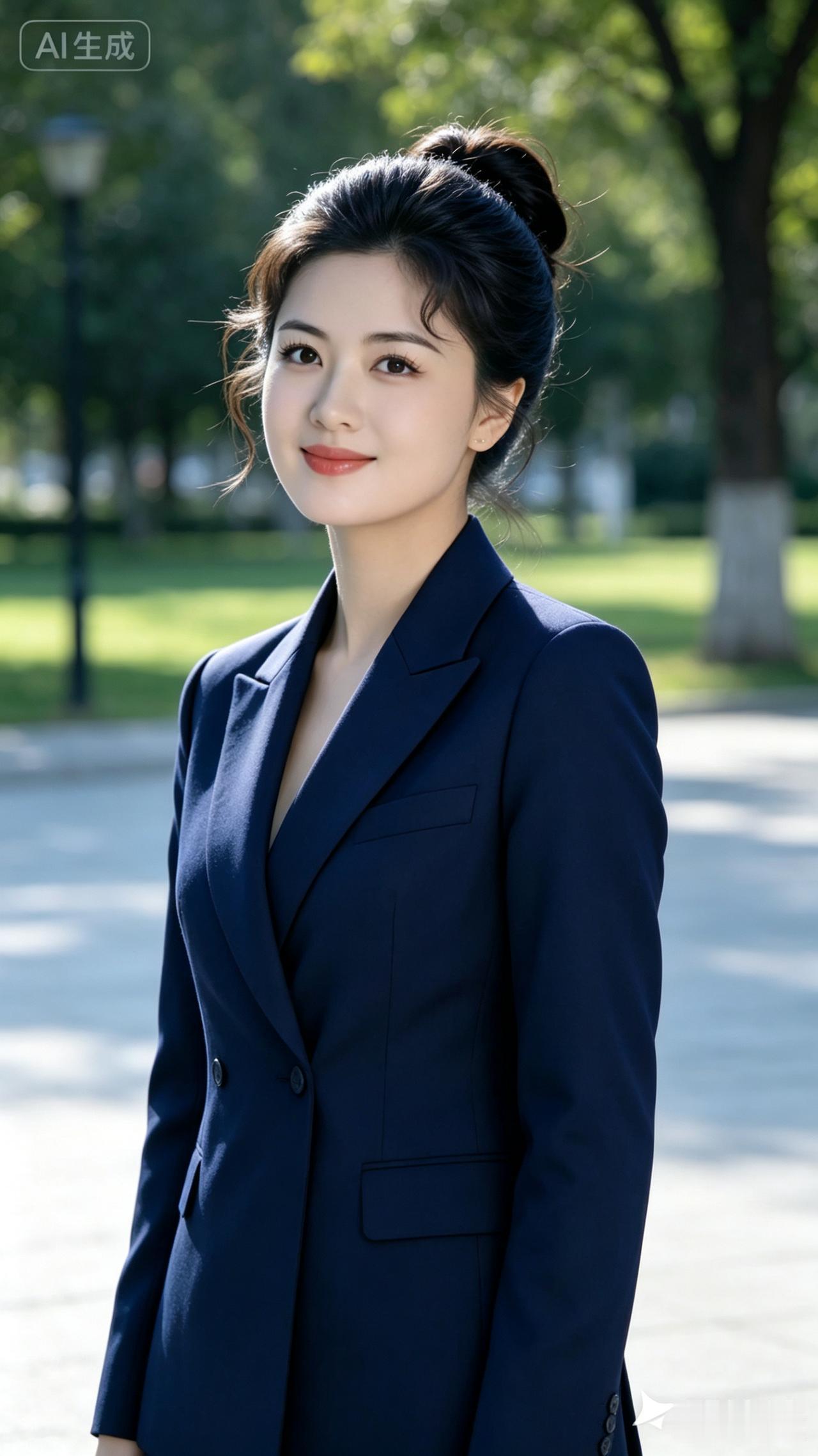 藏蓝裁就职场风
高髻轻挽碎发融
空园独步春风里
续￣一一一