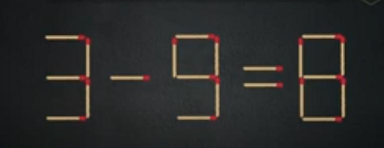 图中由火柴棒摆成的等式 “3 - 9 = 8” 显然不成立。现在，挑战来了：你有