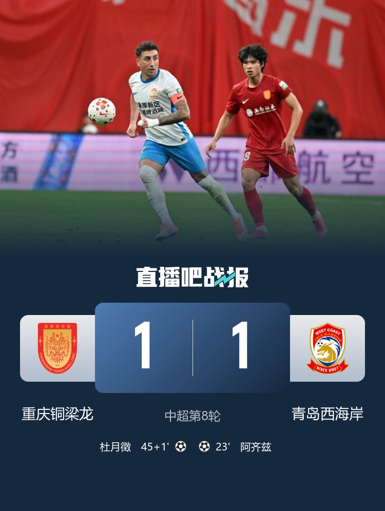 八轮不败！铜梁龙1-1西海岸 阿齐兹破门杜月徵建功李镇全中柱