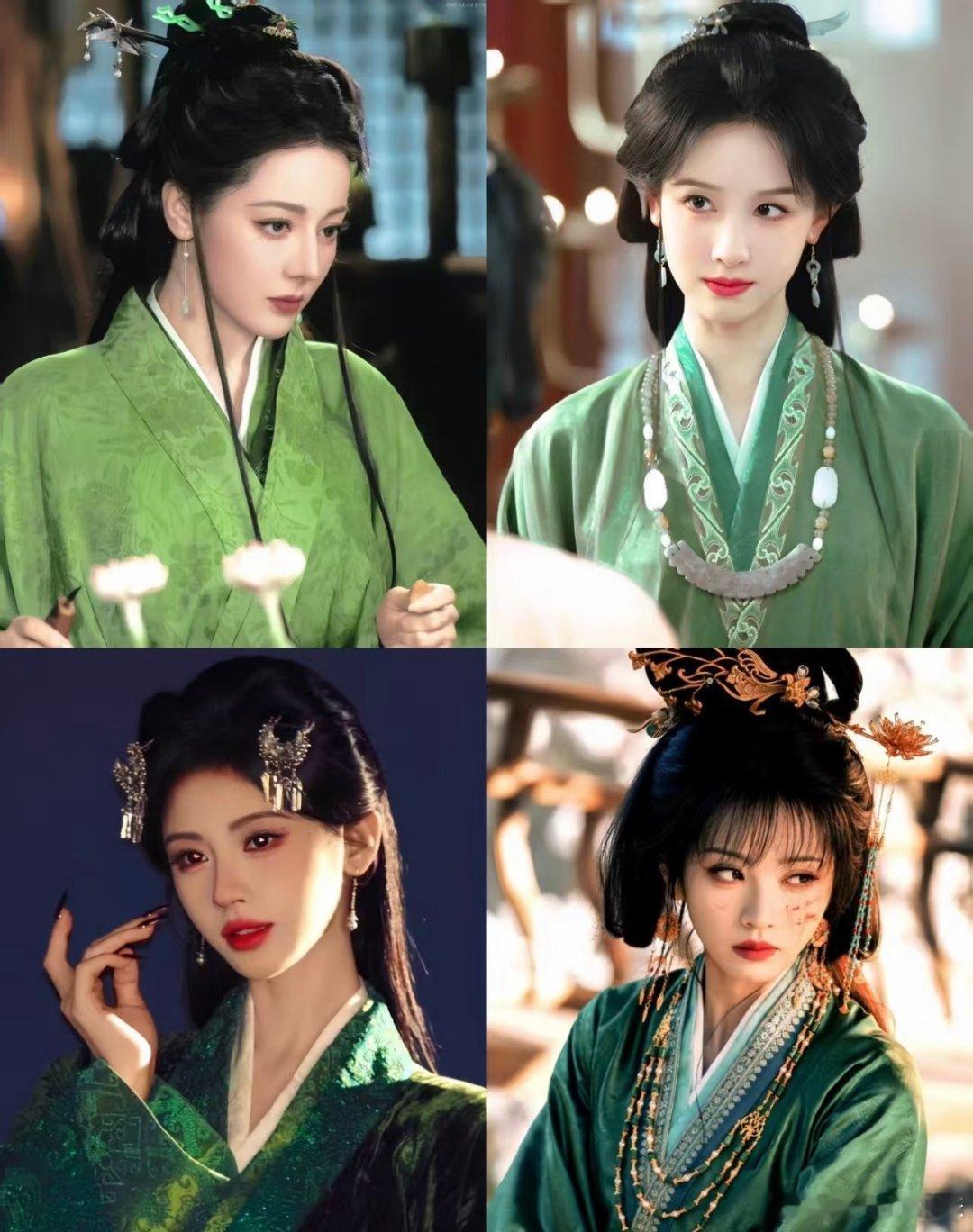 同样的绿色裙子造型，田曦薇VS鞠婧祎 VS迪丽热巴VS 陈都灵，90花🌸，谁是