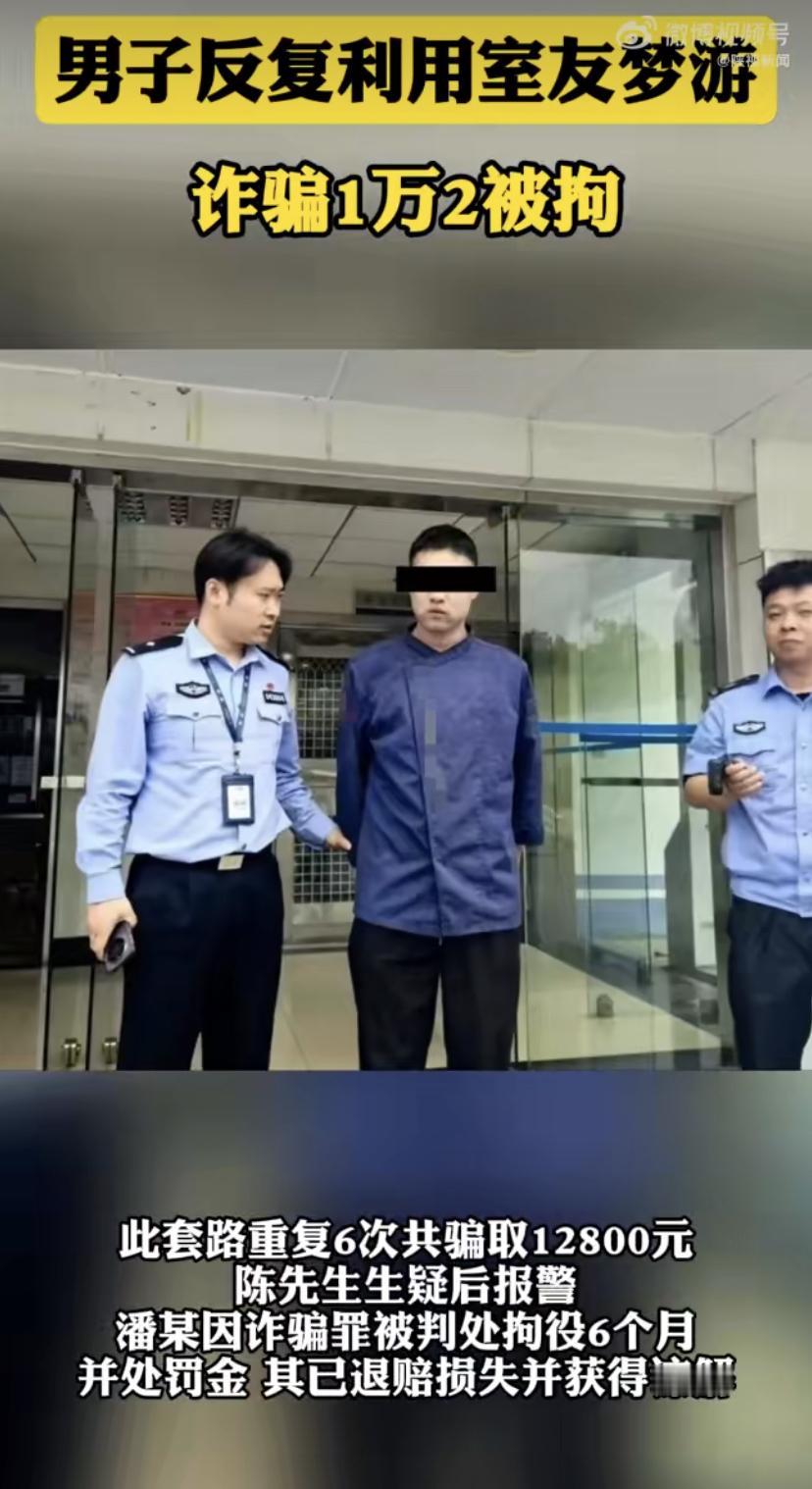 上海一男子因长期诈骗室友，被法院判处拘役六个月。他与同事合租期间，发现室友有梦游