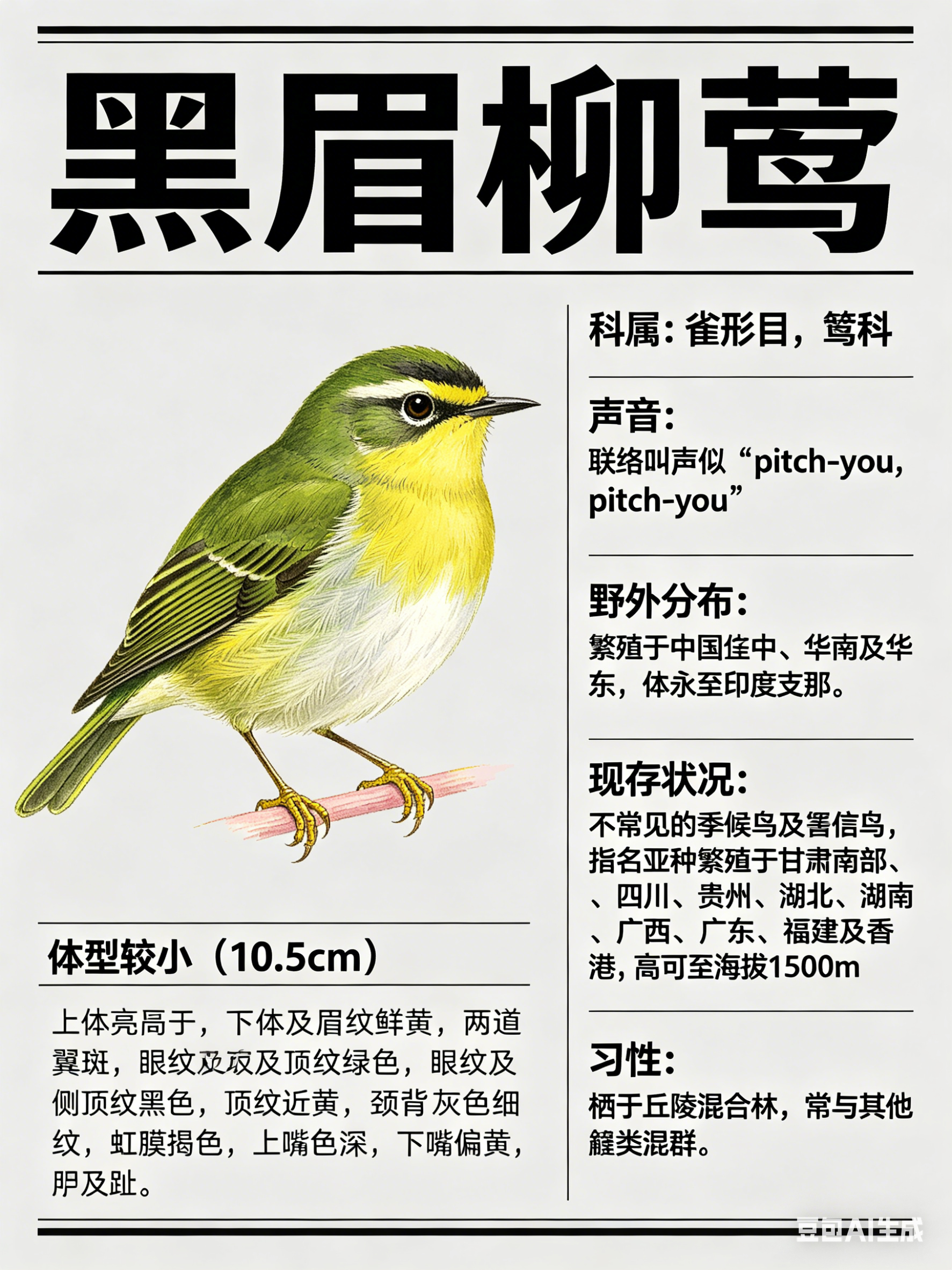 鸟类朋友图鉴 黑眉柳莺·科属：雀形目，莺科。·外形特征：体型较小（10.5cm）