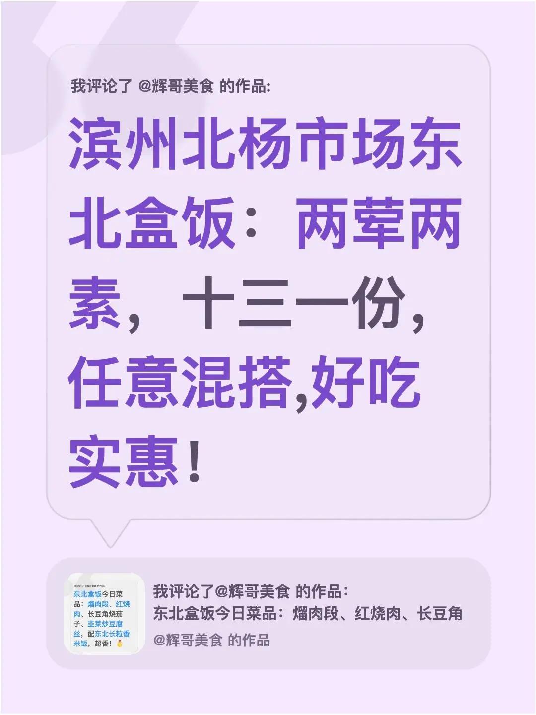 我评论了@辉哥美食 的作品：滨州北杨市场东北盒饭：两荤两素，十三一份，任意混搭,
