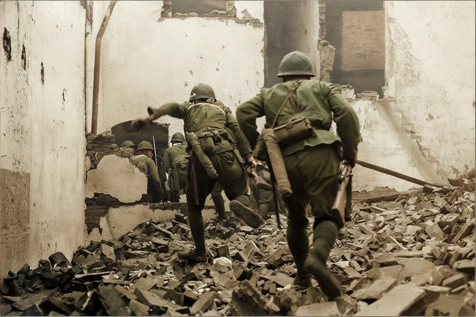 1937年，淞沪会战，上海城区废墟中，鬼子兵在巷战中推进。照片中，几名鬼子兵手持