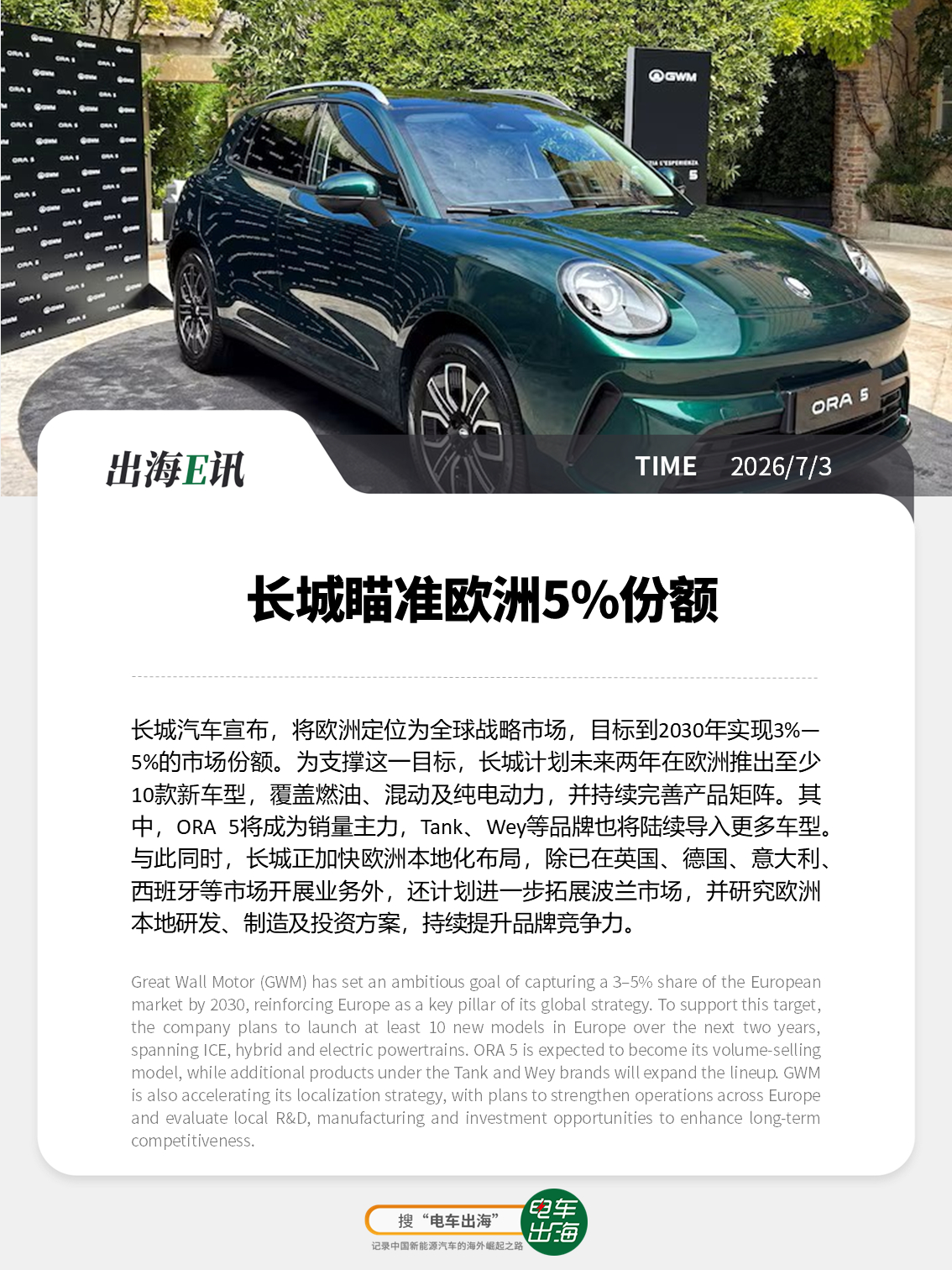【出海E讯：长城瞄准欧洲5%份额】长城汽车宣布，将欧洲定位为全球战略市场，目标到