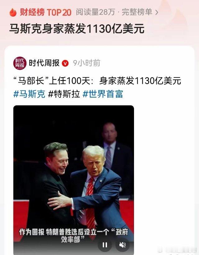 1130亿美元没了！​马斯克估计后悔死了，给特朗普玩命助选，结果，特朗普上台仅百