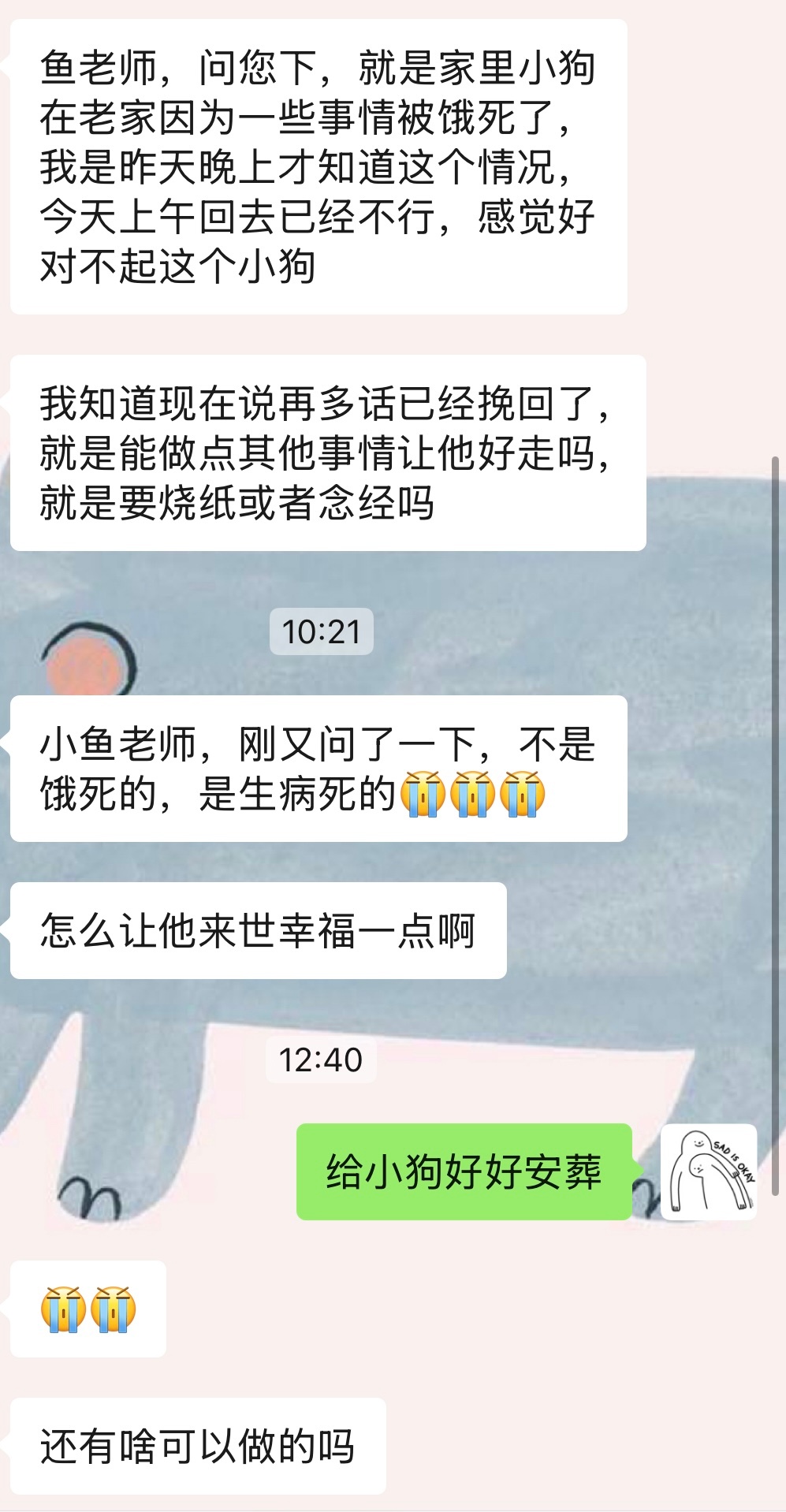 小鱼老师在线答题 提问：鱼老师，问您下，就是家里小狗在老家因为一些事情被饿死了，