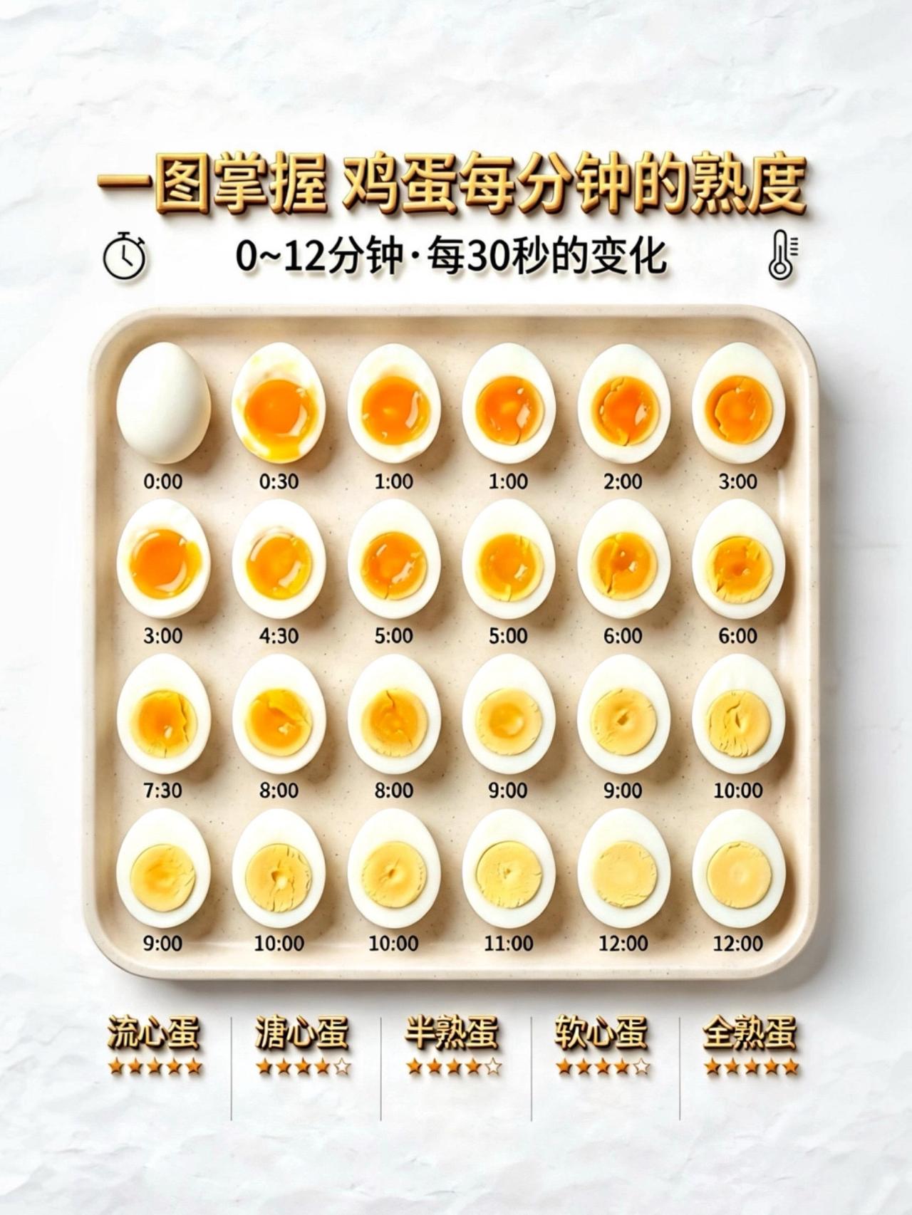 一图掌握 | 鸡蛋每分钟的熟度！你平时爱吃哪种熟度的鸡蛋呀？

下面把流心、溏心