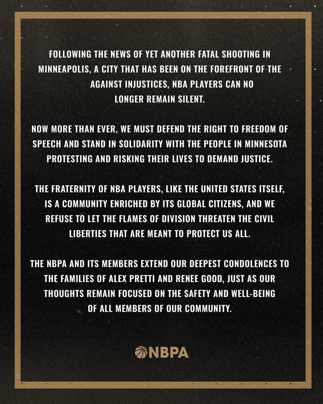 全美篮球运动员协会（NBPA）在川普政府的ICE当街枪杀美国公民亚历克斯-普雷蒂