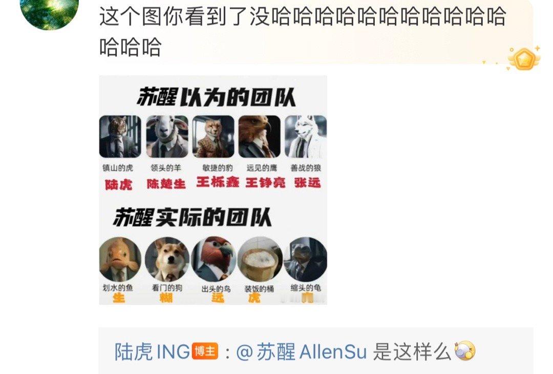 啊啊啊粉丝做的苏醒以为的团队vs实际的团队的图被陆虎看到了，还艾特了苏醒[允悲]