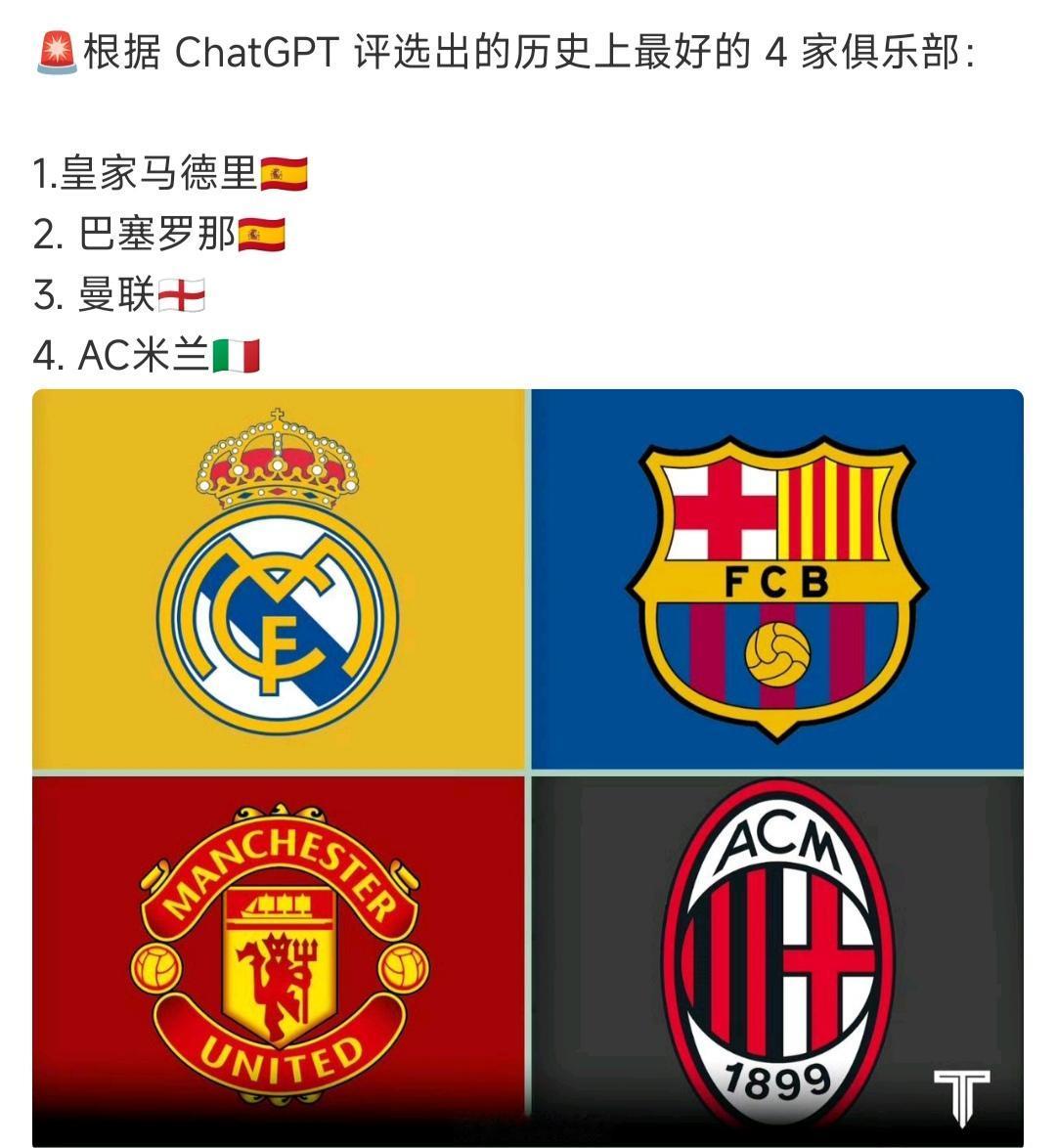 人工智能评出历史上最强的四家俱乐部。

感觉曼联和AC米兰会掉队呀。

曼联旁边