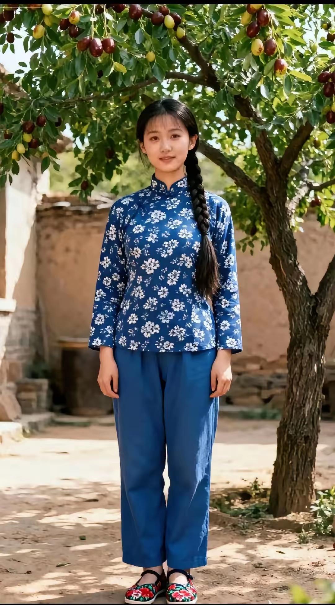 一张七八十年代的农村小院里的姑娘！长的非常漂亮，身穿蓝花上衣，下穿牛仔裤子。太普