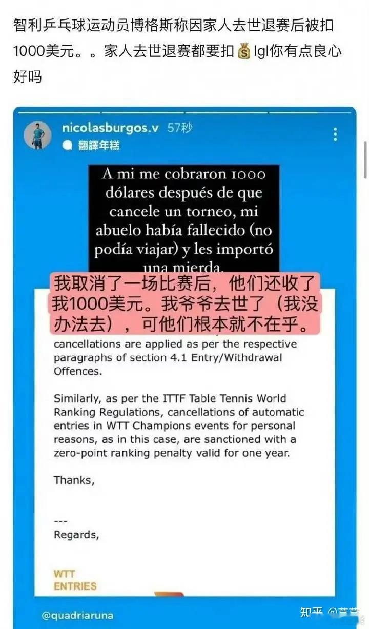 23岁的智利乒乓球运动员尼科拉斯·布尔戈斯的发言让人心酸。如果参加比赛的运动员利