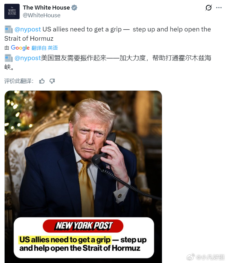 美国白宫今日引述媒体内容发帖：“美国盟友需要振作起来——加大力度，帮助打通霍尔木