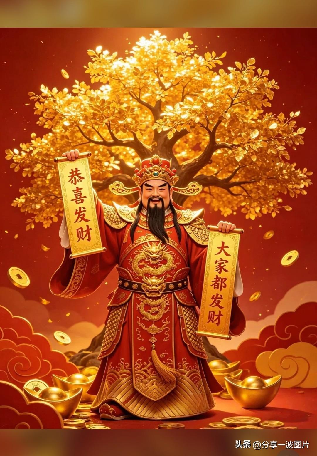 财神展卷送吉兆，
宝树摇金纳福财。