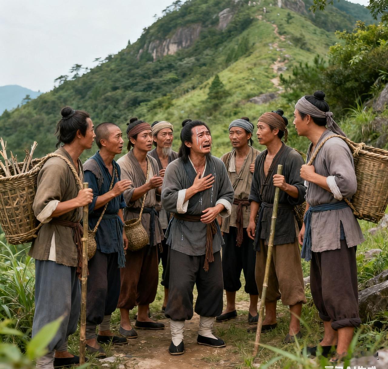 李秀成逃到方山，遇到八个樵夫。其中一个樵夫认出了他。李秀成流着眼泪哀求樵夫:如果