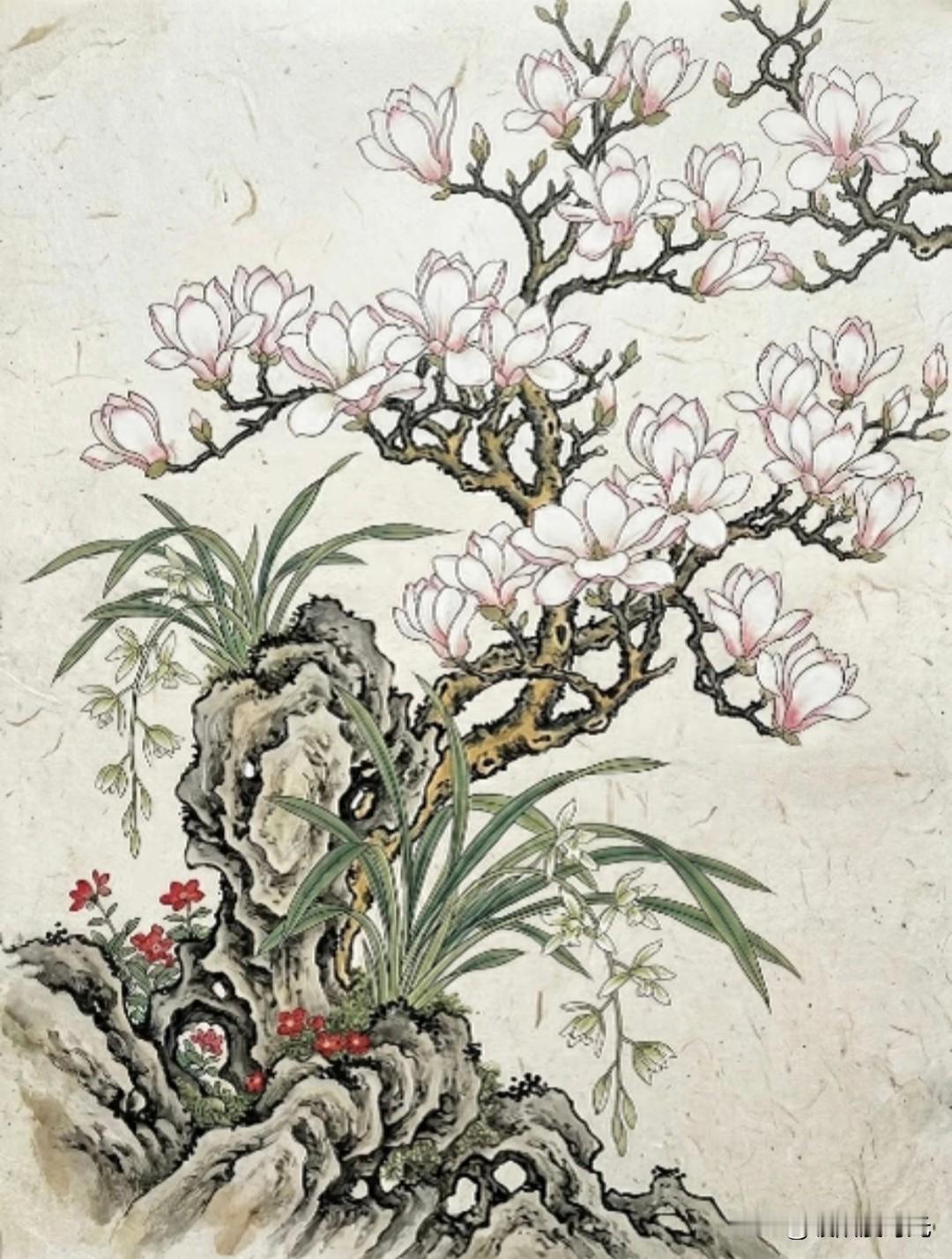玉兰吐蕊，兰石相依，清韵满庭芳。
酌月绘国风花卉插画分享
国风 花卉