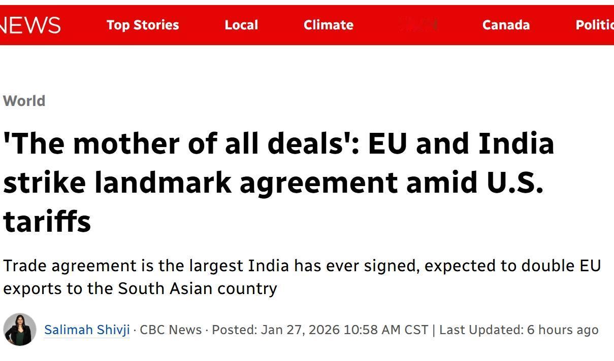 印度和欧盟达成“史上最大贸易协议”
当地时间周二，欧盟和印度领导人在新德里宣布达