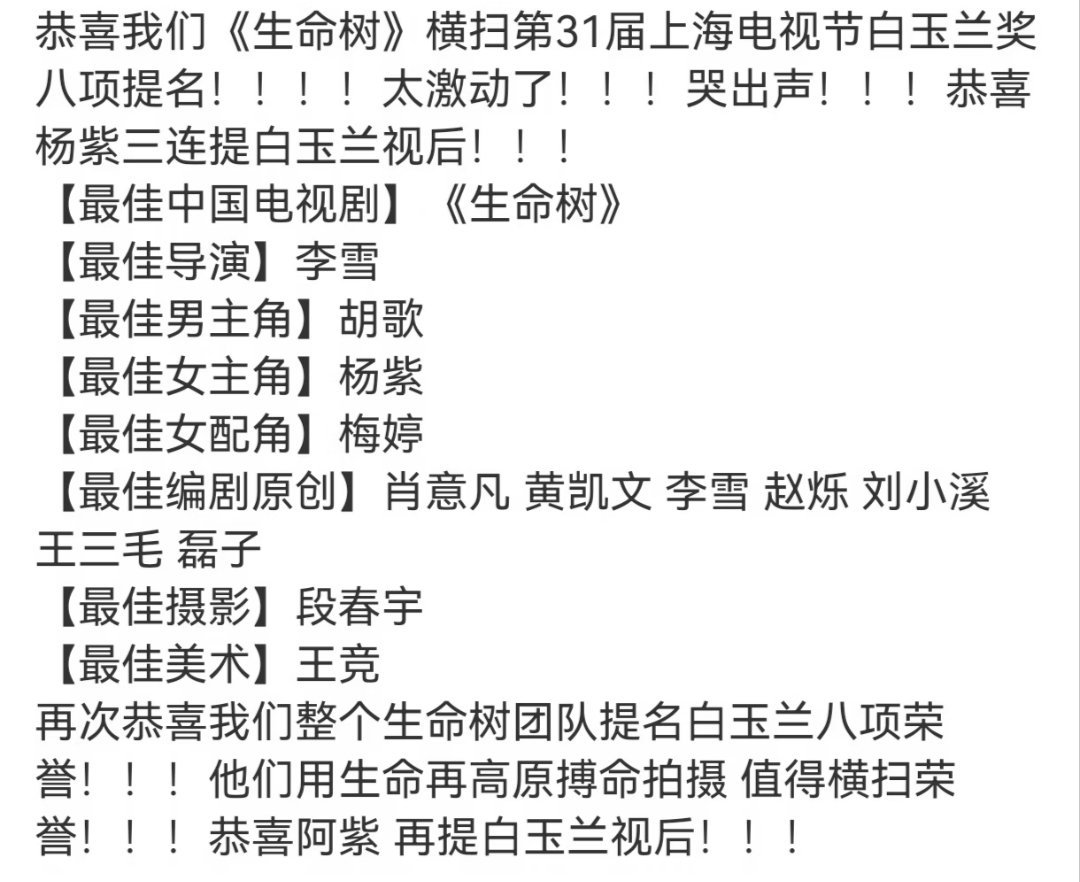 生命树获白玉兰八项提名了，感觉这次是紫的可能性最大 