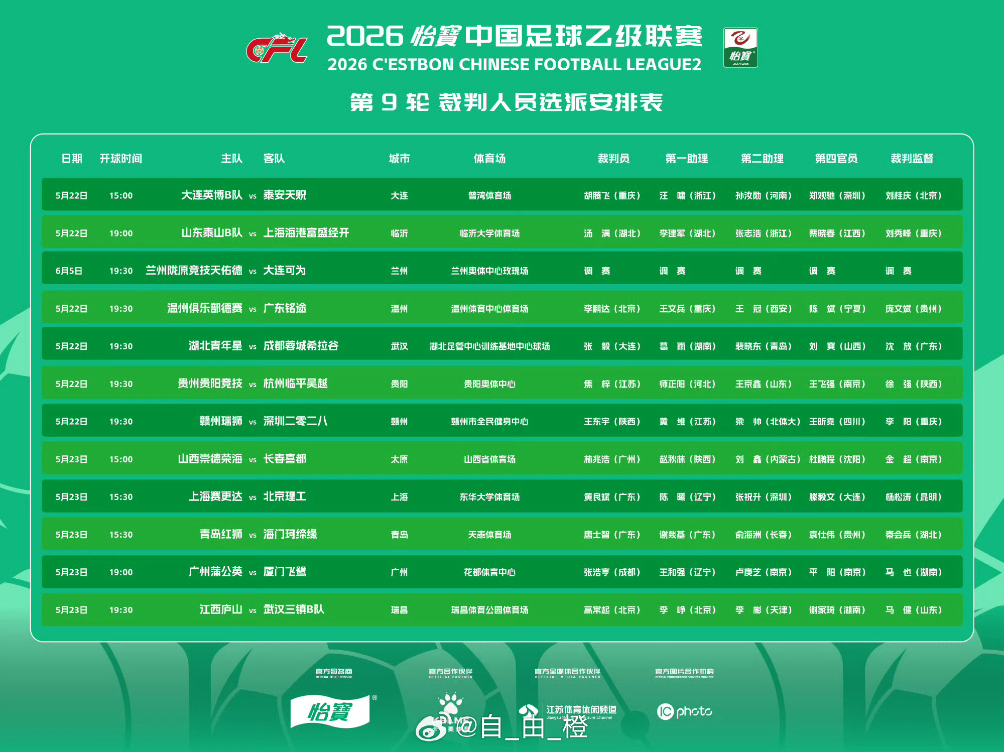 中乙联赛第9轮裁判选派结果自由橙山东泰山