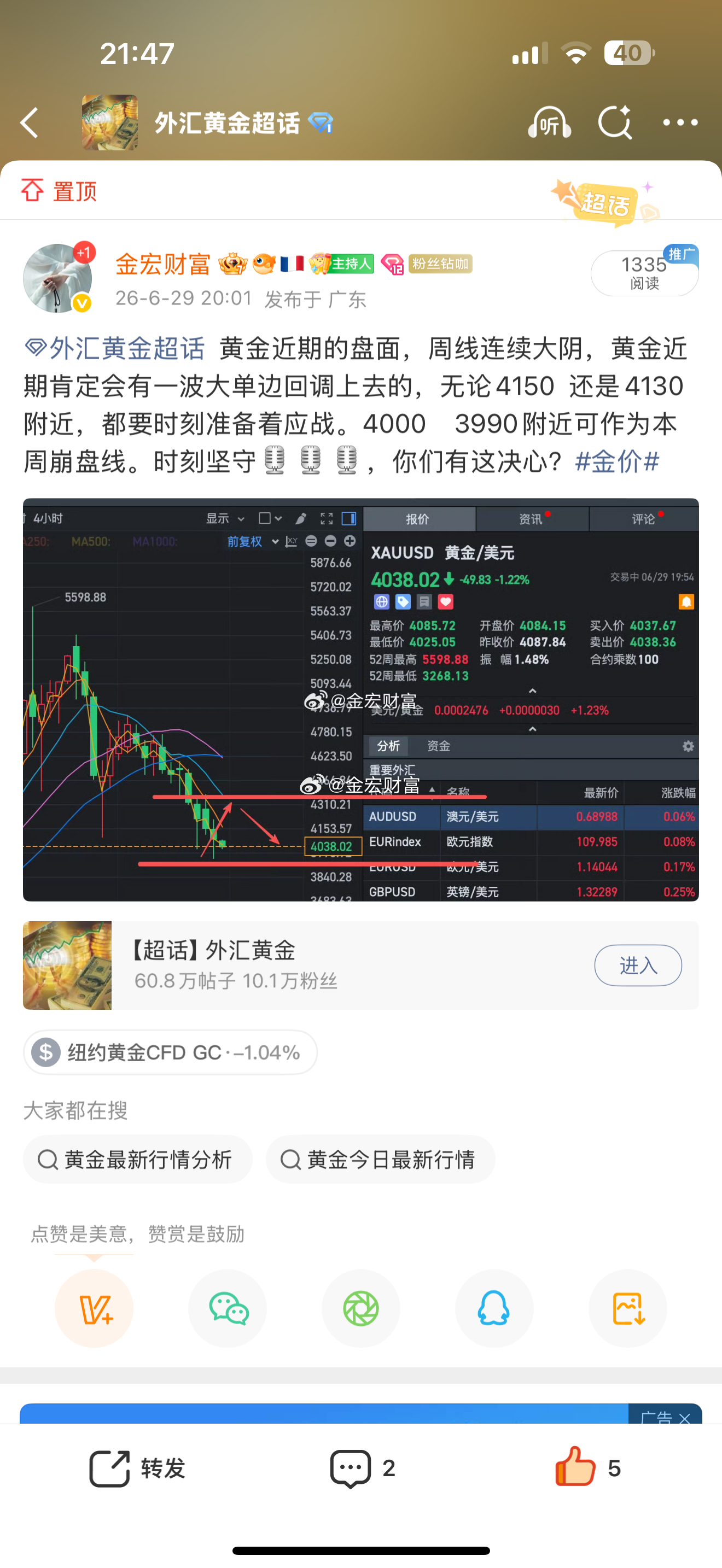 外汇黄金  连阴七周，29号说的，近期会有大单边多头，今天抄底位做到了3963 