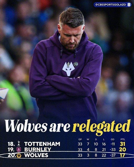 【本赛季五大联赛第一支降级球队：狼队提前5轮降级】狼队33轮3胜8平22负，仅拿