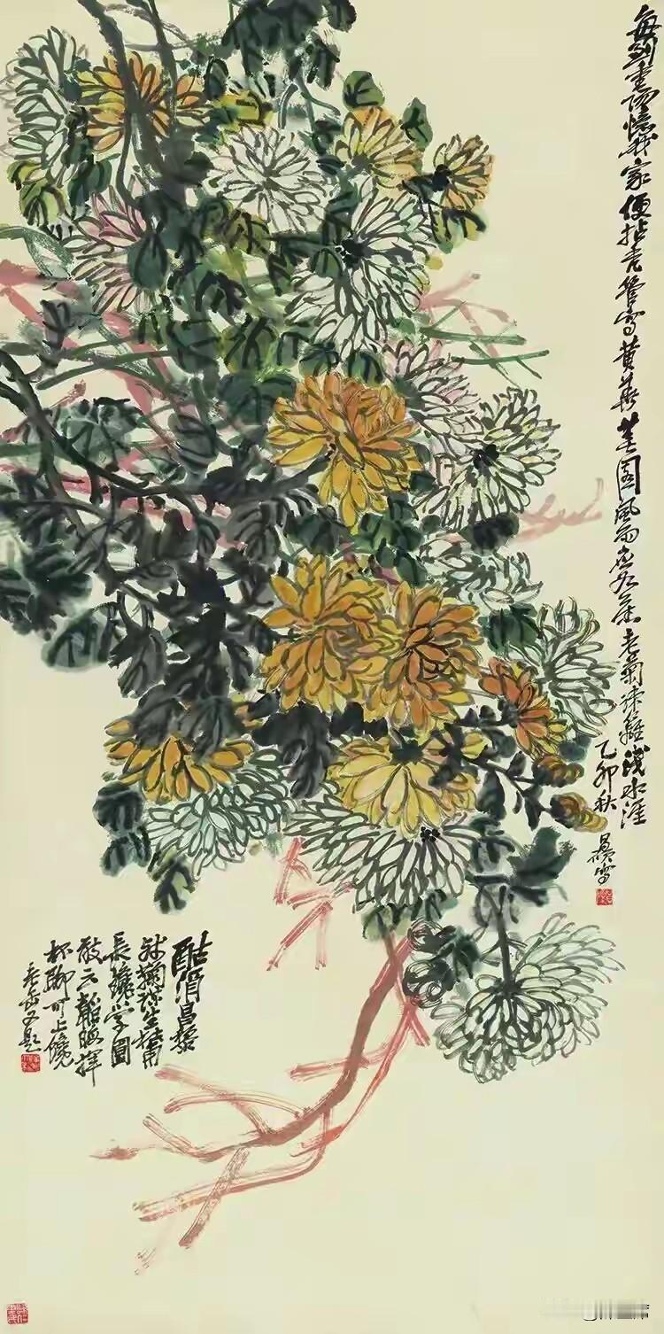 吴昌硕：集金石写意之大成。

以石鼓文篆书笔意写花鸟，线条浑厚苍劲，笔墨老辣，色