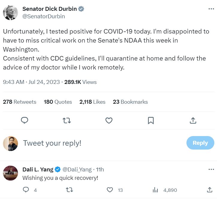 2023年7月24日的新闻，美国民主党资深议员、78岁Dick Durbin“三