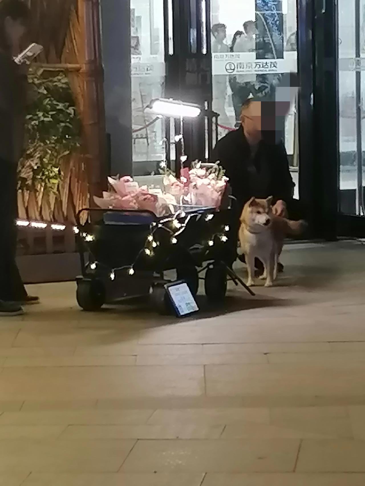 超市门口，一对男女牵着狗卖花，一整晚都在呼喊“祝妈妈母亲节快乐”，然而一朵花也没