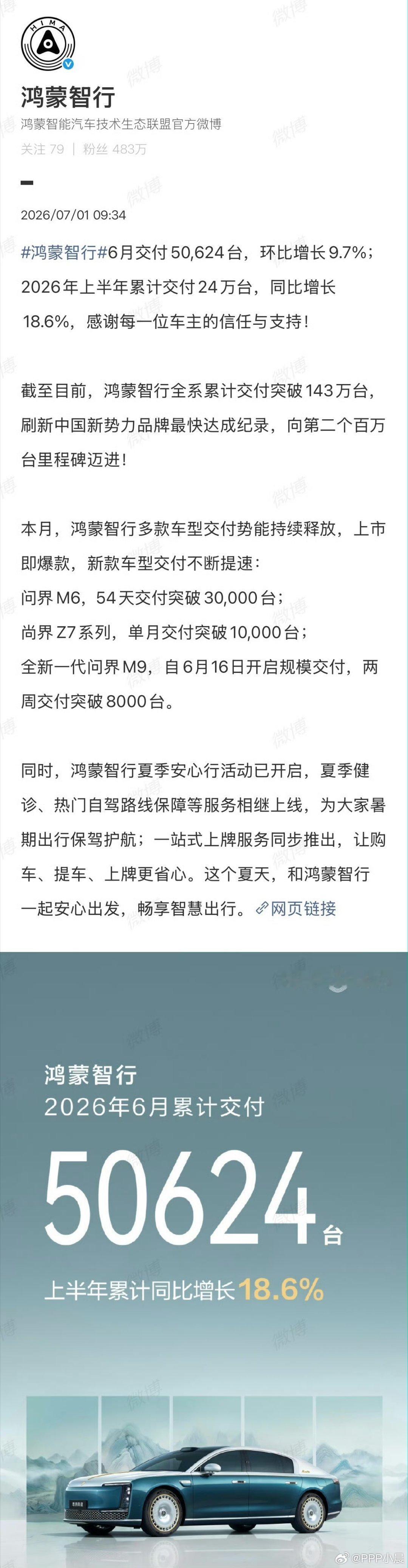 多家车企公布6月交付战报鸿蒙智行单月5万多断层领跑，理想、小米稳定3万左右，极石