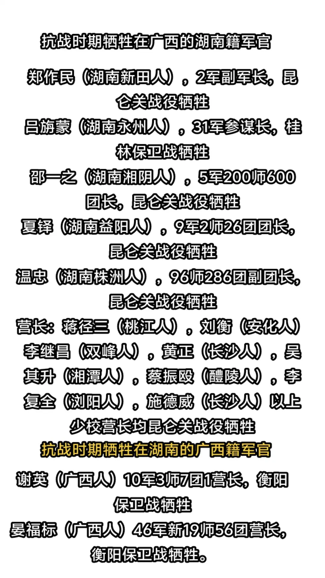 抗战时期，牺牲的抗日烈士。湖南籍，广西籍湖南昆仑关战役