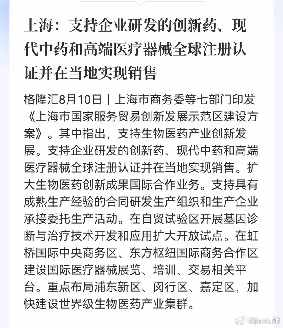 盘后大利好！创新药迎来重磅政策加持上海出台生物医药产业支持政策，支持创新药、现代