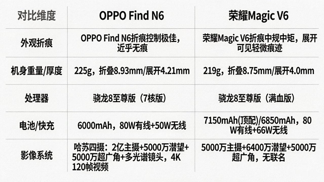 荣耀Magic V6和OPPO Find N6，你们怎么选？*表格有错，处理器是