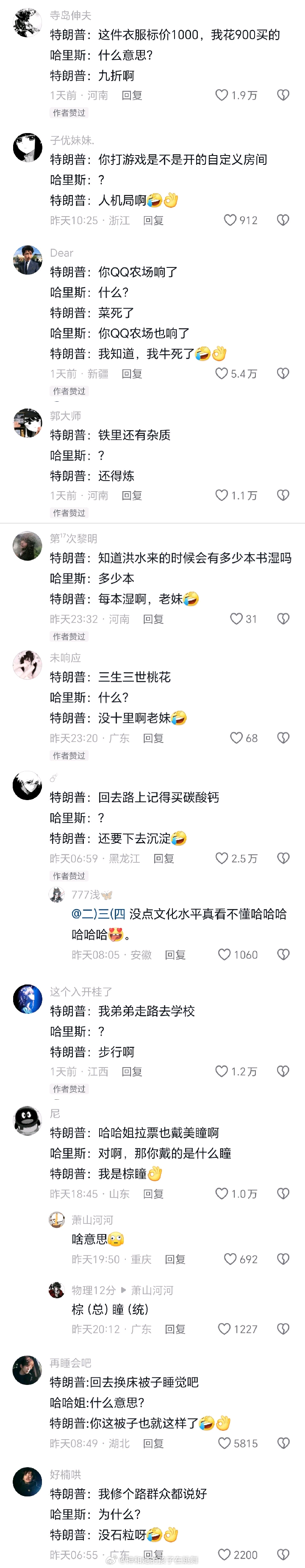 #佩洛西埋怨拜登#每个特朗普和哈里斯的新闻下都是这些评论，太好笑了hhhhh ​