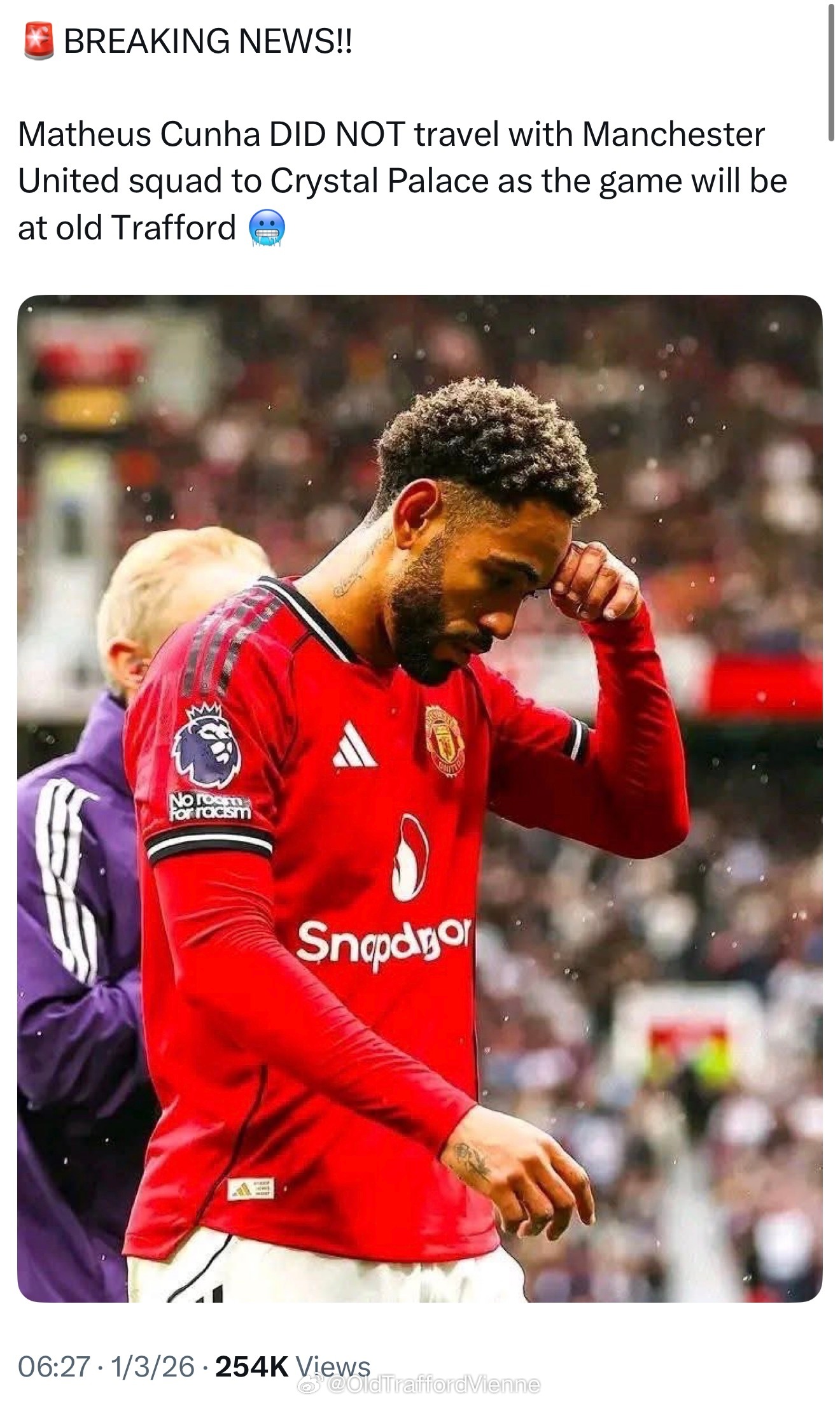 真情实感看完这段话和这配图，想骂这推主“突发消息：库尼亚没有随队前往水晶宫因为比