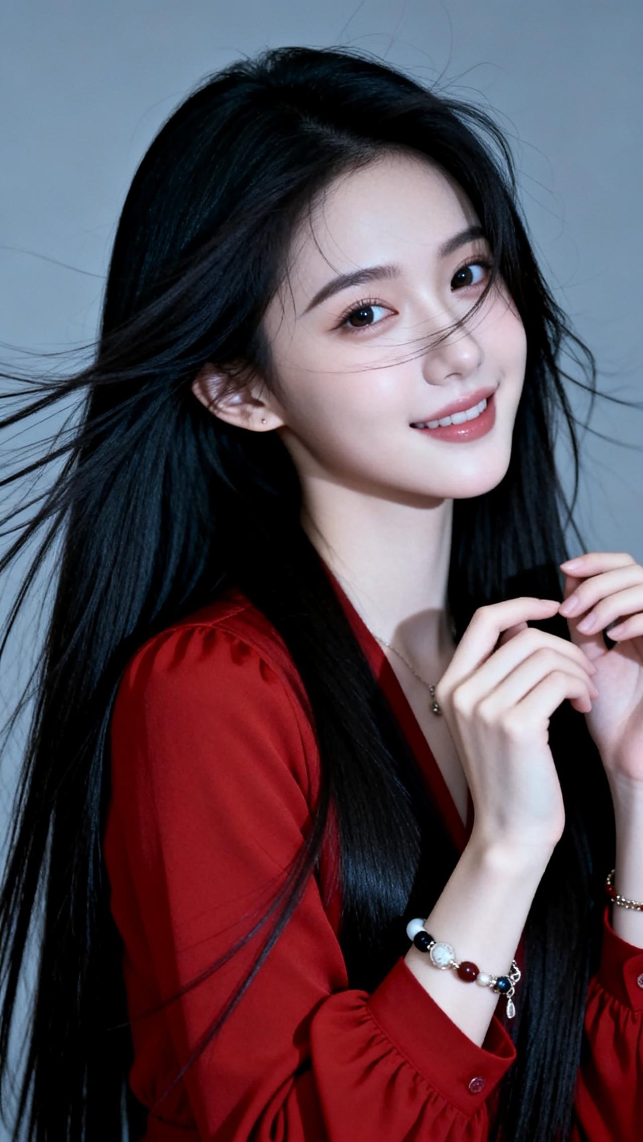 甜美笑容，红衣少女，温柔迷人