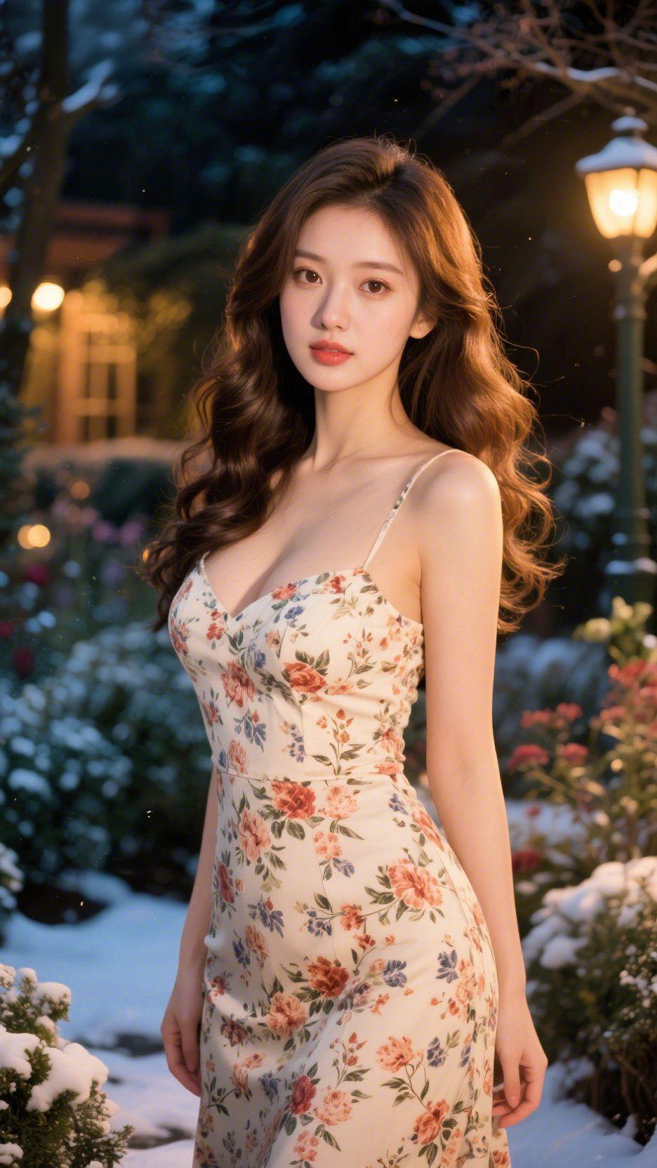 《雪园夜花柔》
 
冬夜的园子里覆了层薄雪，路灯的暖光裹着绒意，轻笼着带霜的枝桠